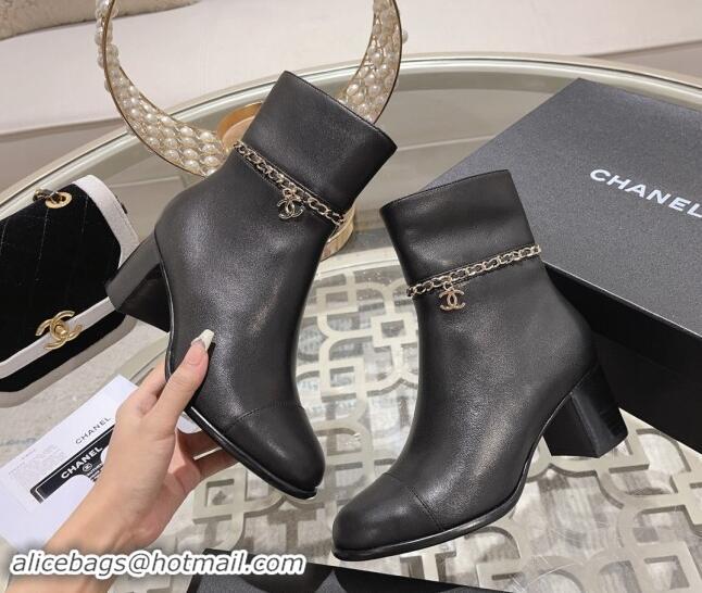 Top Grade Chanel Calfskin Leather Heel Ankle Boots with Chain Black 1120053