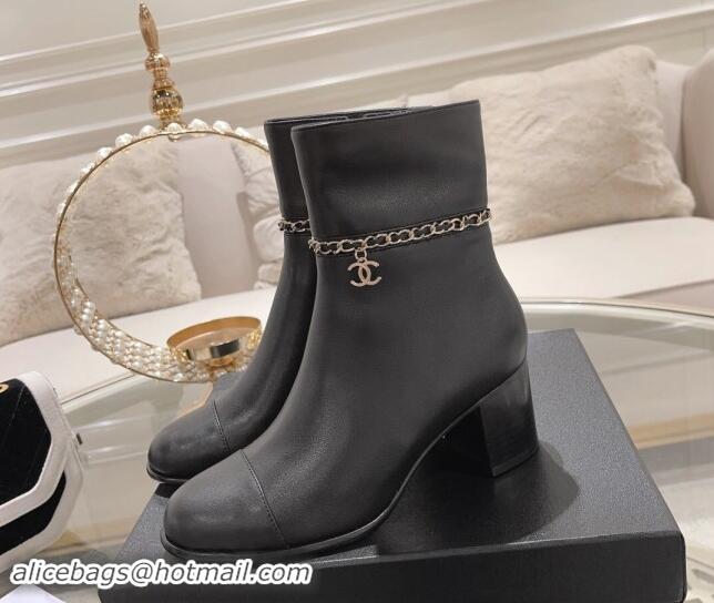 Top Grade Chanel Calfskin Leather Heel Ankle Boots with Chain Black 1120053