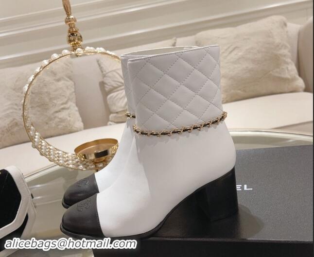 Good Quality Chanel Quilted & Calfskin Heel Ankle Boots with Chain White 1120056