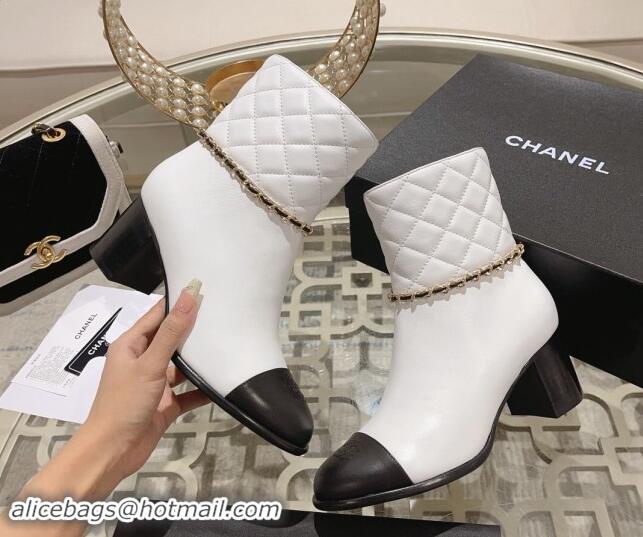 Good Quality Chanel Quilted & Calfskin Heel Ankle Boots with Chain White 1120056