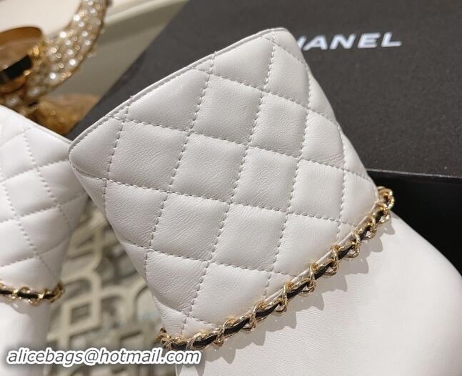 Good Quality Chanel Quilted & Calfskin Heel Ankle Boots with Chain White 1120056