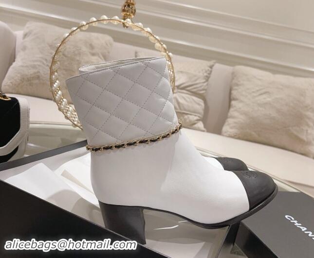 Good Quality Chanel Quilted & Calfskin Heel Ankle Boots with Chain White 1120056