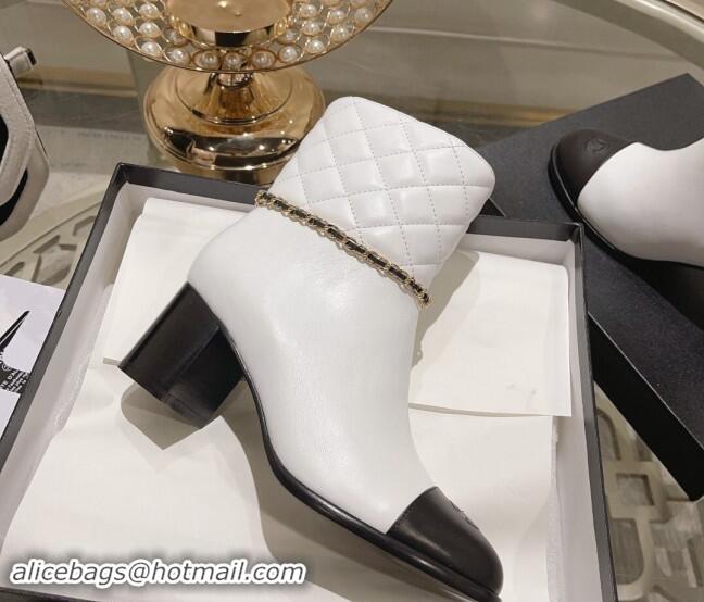 Good Quality Chanel Quilted & Calfskin Heel Ankle Boots with Chain White 1120056