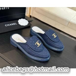 Popular Style Chanel Denim Flat Mules with Quilted CC Foldover G45474 Blue 120059