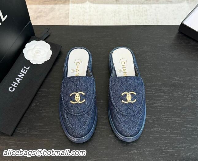 Popular Style Chanel Denim Flat Mules with Quilted CC Foldover G45474 Blue 120059