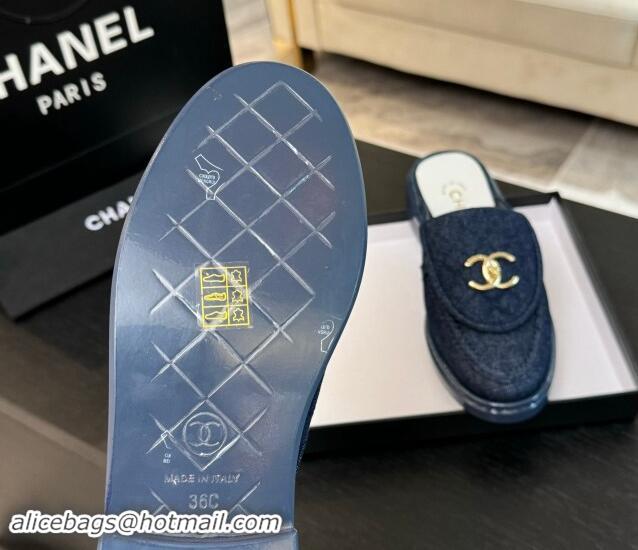 Popular Style Chanel Denim Flat Mules with Quilted CC Foldover G45474 Blue 120059