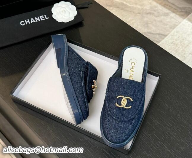 Popular Style Chanel Denim Flat Mules with Quilted CC Foldover G45474 Blue 120059