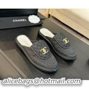 Grade Quality Chanel Denim Flat Mules with Quilted CC Foldover G45474 Black 120060