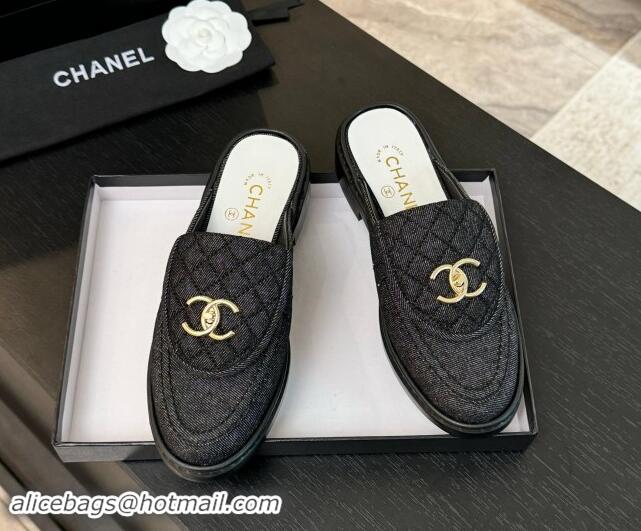 Grade Quality Chanel Denim Flat Mules with Quilted CC Foldover G45474 Black 120060