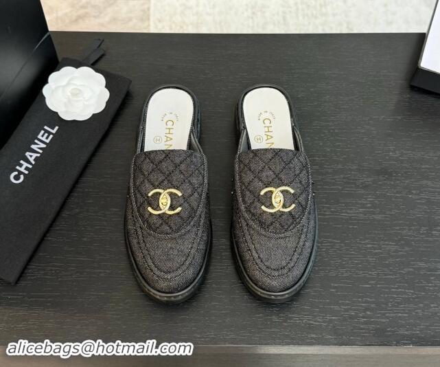 Grade Quality Chanel Denim Flat Mules with Quilted CC Foldover G45474 Black 120060