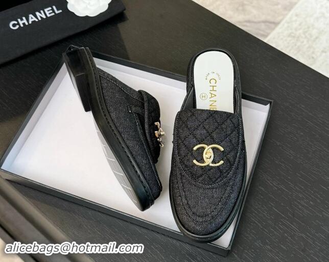 Grade Quality Chanel Denim Flat Mules with Quilted CC Foldover G45474 Black 120060