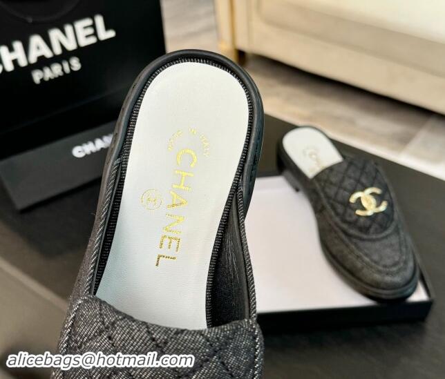 Grade Quality Chanel Denim Flat Mules with Quilted CC Foldover G45474 Black 120060