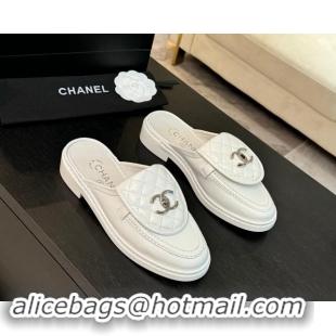 Good Product Chanel Calfskin Flat Mules with Quilted CC Foldover G45474 White 120062