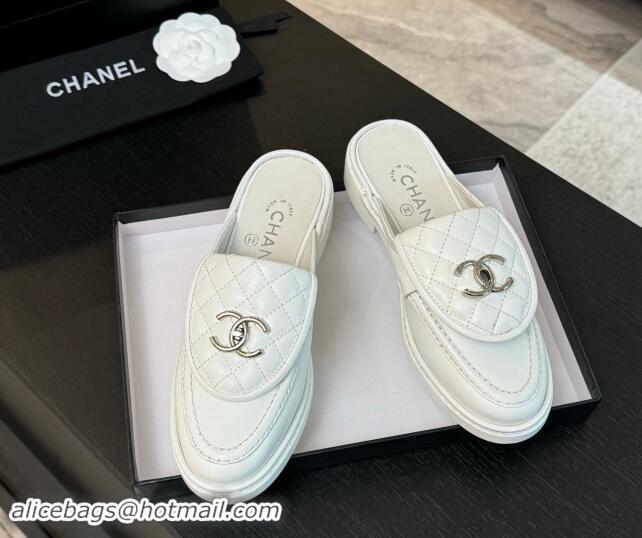 Good Product Chanel Calfskin Flat Mules with Quilted CC Foldover G45474 White 120062