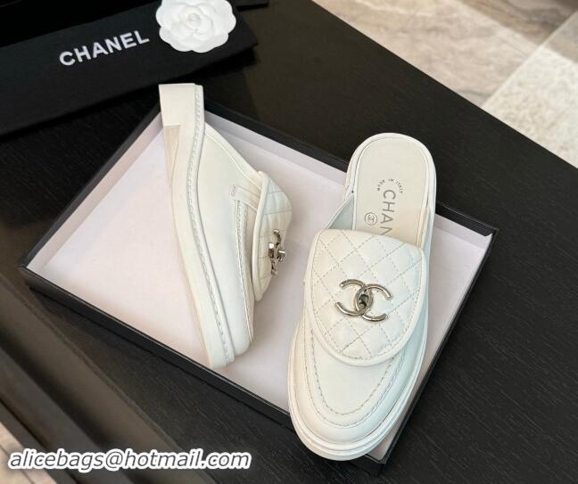 Good Product Chanel Calfskin Flat Mules with Quilted CC Foldover G45474 White 120062