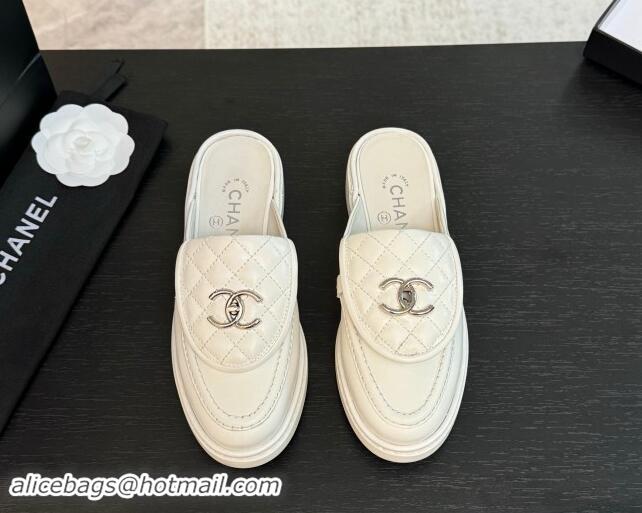 Good Product Chanel Calfskin Flat Mules with Quilted CC Foldover G45474 White 120062