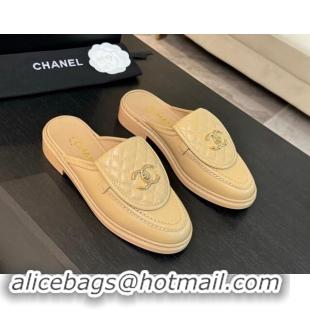 Big Discount Chanel Calfskin Flat Mules with Quilted CC Foldover G45474 Beige 1120063