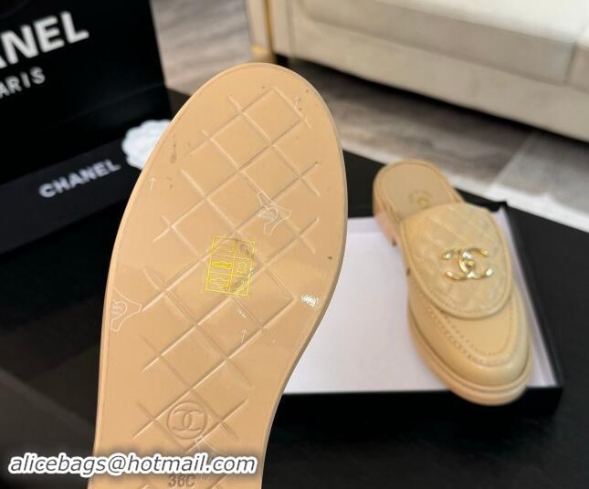 Big Discount Chanel Calfskin Flat Mules with Quilted CC Foldover G45474 Beige 1120063