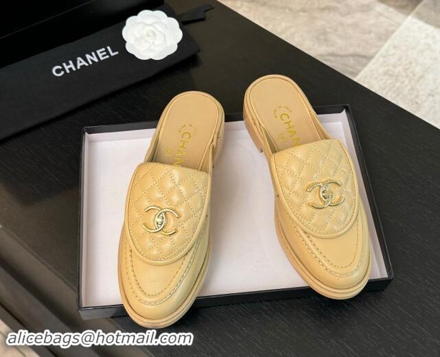 Big Discount Chanel Calfskin Flat Mules with Quilted CC Foldover G45474 Beige 1120063