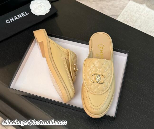 Big Discount Chanel Calfskin Flat Mules with Quilted CC Foldover G45474 Beige 1120063