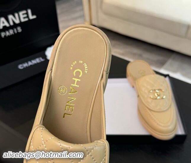 Big Discount Chanel Calfskin Flat Mules with Quilted CC Foldover G45474 Beige 1120063