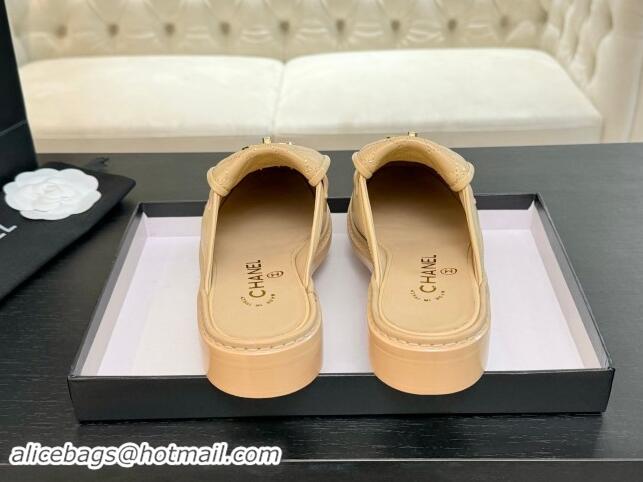 Big Discount Chanel Calfskin Flat Mules with Quilted CC Foldover G45474 Beige 1120063