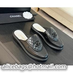 Cheap Price Chanel Calfskin Flat Mules with Quilted CC Foldover G45474 Black Upper 1120064