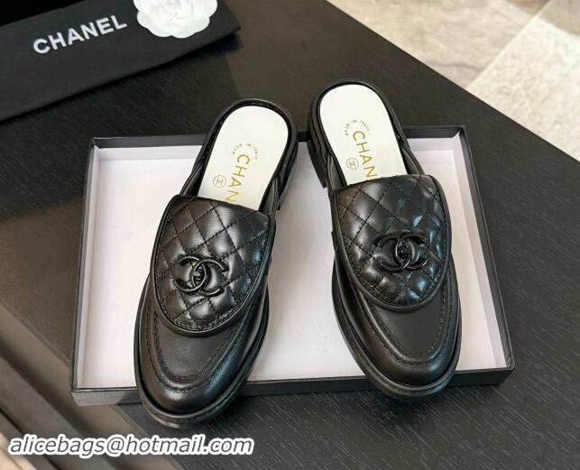 Cheap Price Chanel Calfskin Flat Mules with Quilted CC Foldover G45474 Black Upper 1120064