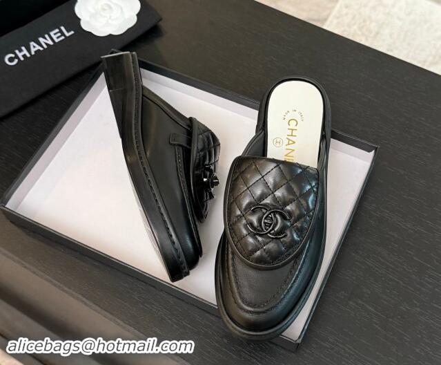 Cheap Price Chanel Calfskin Flat Mules with Quilted CC Foldover G45474 Black Upper 1120064