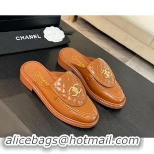 Hot Style Chanel Calfskin Flat Mules with Quilted CC Foldover G45474 Tan Brown 1120065