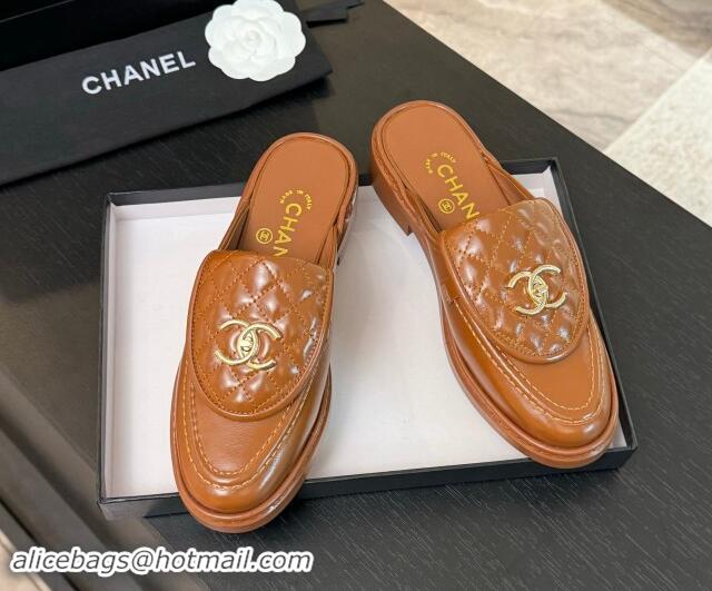 Hot Style Chanel Calfskin Flat Mules with Quilted CC Foldover G45474 Tan Brown 1120065