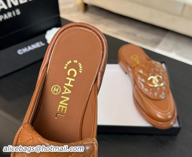 Hot Style Chanel Calfskin Flat Mules with Quilted CC Foldover G45474 Tan Brown 1120065