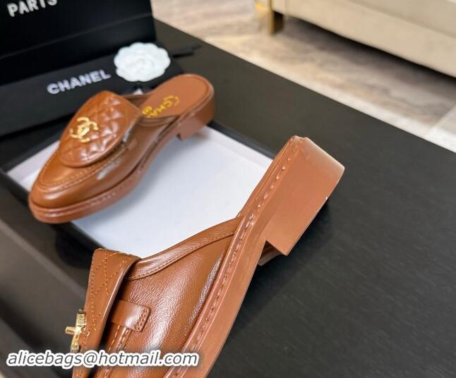 Hot Style Chanel Calfskin Flat Mules with Quilted CC Foldover G45474 Tan Brown 1120065