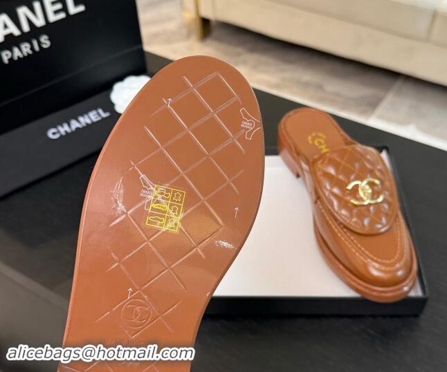 Hot Style Chanel Calfskin Flat Mules with Quilted CC Foldover G45474 Tan Brown 1120065