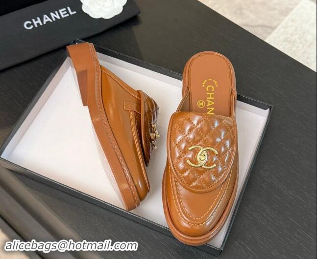 Hot Style Chanel Calfskin Flat Mules with Quilted CC Foldover G45474 Tan Brown 1120065