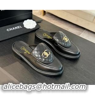 Charming Chanel Calfskin Flat Mules with Quilted CC Foldover G45474 Black/Gold 1120066