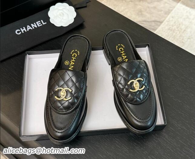 Charming Chanel Calfskin Flat Mules with Quilted CC Foldover G45474 Black/Gold 1120066