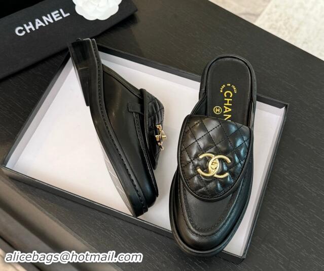 Charming Chanel Calfskin Flat Mules with Quilted CC Foldover G45474 Black/Gold 1120066