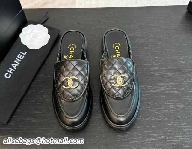 Charming Chanel Calfskin Flat Mules with Quilted CC Foldover G45474 Black/Gold 1120066