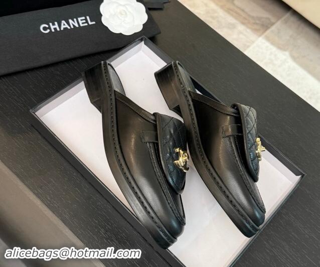 Charming Chanel Calfskin Flat Mules with Quilted CC Foldover G45474 Black/Gold 1120066