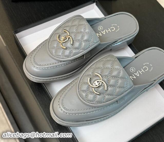 Sumptuous Chanel Calfskin Flat Mules with Quilted CC Foldover G45474 Grey/Silver 120067