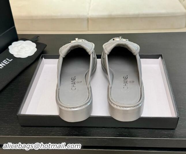 Sumptuous Chanel Calfskin Flat Mules with Quilted CC Foldover G45474 Grey/Silver 120067