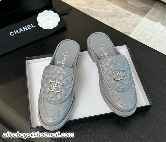 Sumptuous Chanel Calfskin Flat Mules with Quilted CC Foldover G45474 Grey/Silver 120067