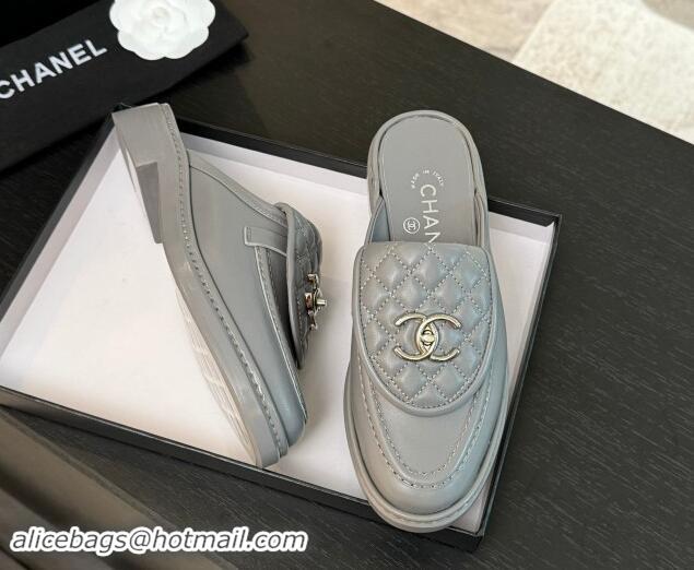 Sumptuous Chanel Calfskin Flat Mules with Quilted CC Foldover G45474 Grey/Silver 120067