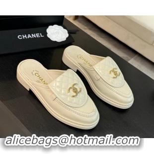 Stylish Chanel Calfskin Flat Mules with Quilted CC Foldover G45474 Ivory White 1120068