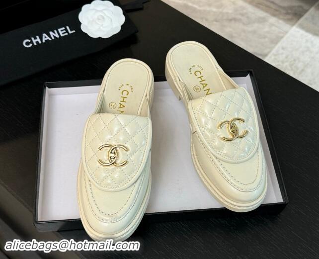 Stylish Chanel Calfskin Flat Mules with Quilted CC Foldover G45474 Ivory White 1120068