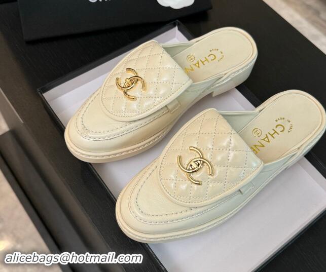 Stylish Chanel Calfskin Flat Mules with Quilted CC Foldover G45474 Ivory White 1120068