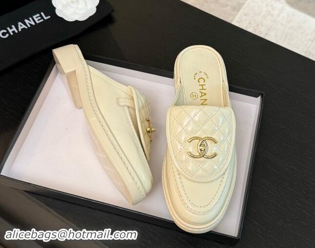 Stylish Chanel Calfskin Flat Mules with Quilted CC Foldover G45474 Ivory White 1120068