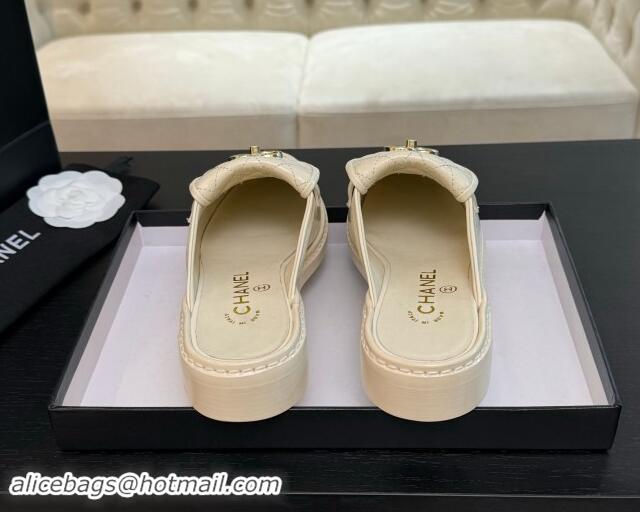 Stylish Chanel Calfskin Flat Mules with Quilted CC Foldover G45474 Ivory White 1120068