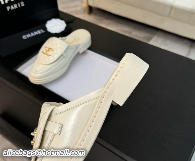 Stylish Chanel Calfskin Flat Mules with Quilted CC Foldover G45474 Ivory White 1120068